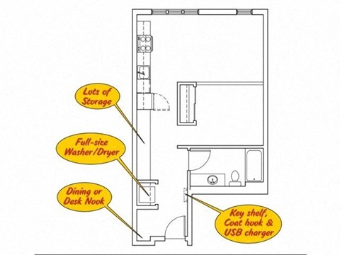 Floor plan for 1 bed, 1 bath, 519 sqft
